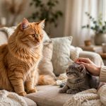 Jealous orange tabby cat watching its owner pet another cat on a sofa