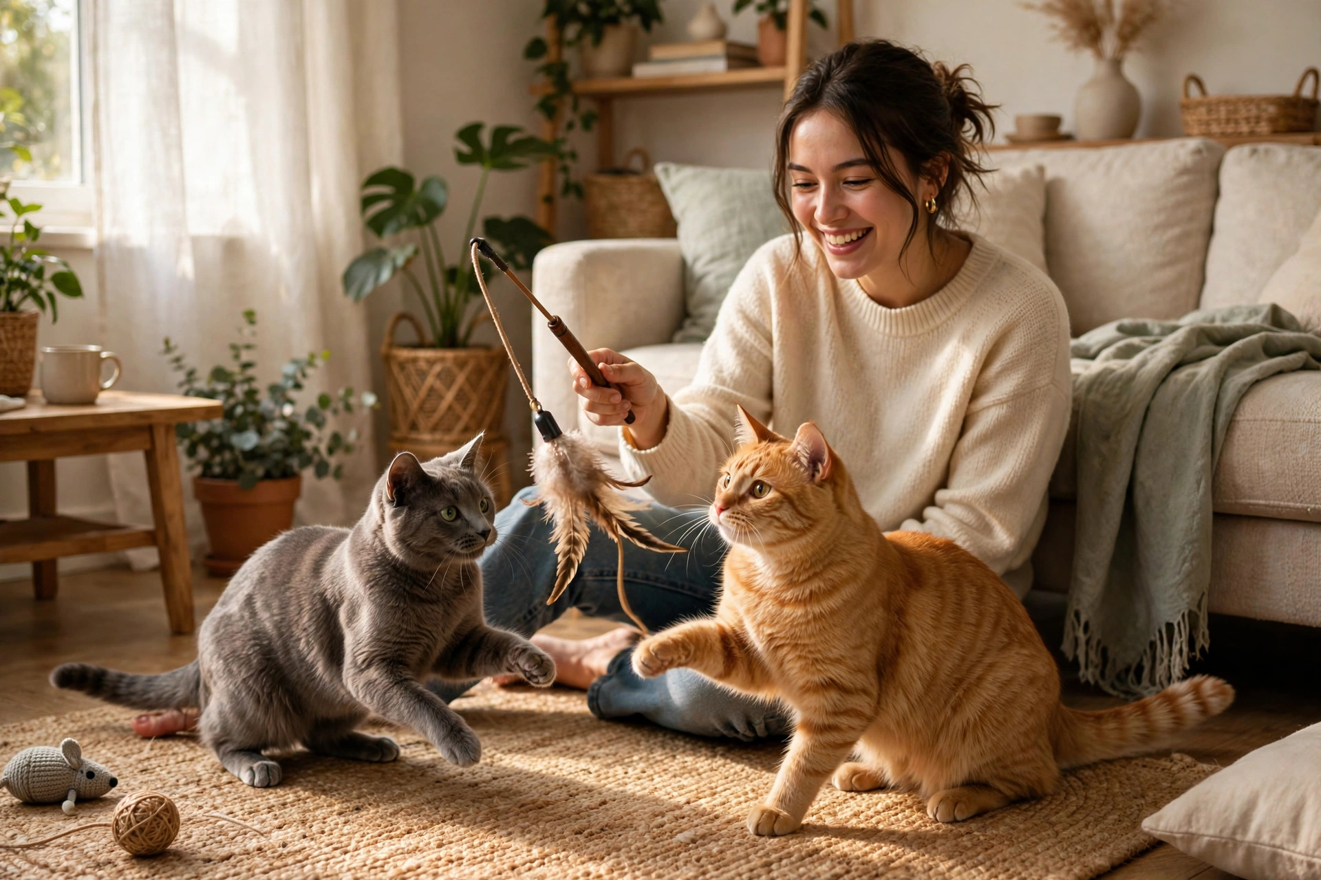 Owner playing with two cats together using a feather wand toy in a living room