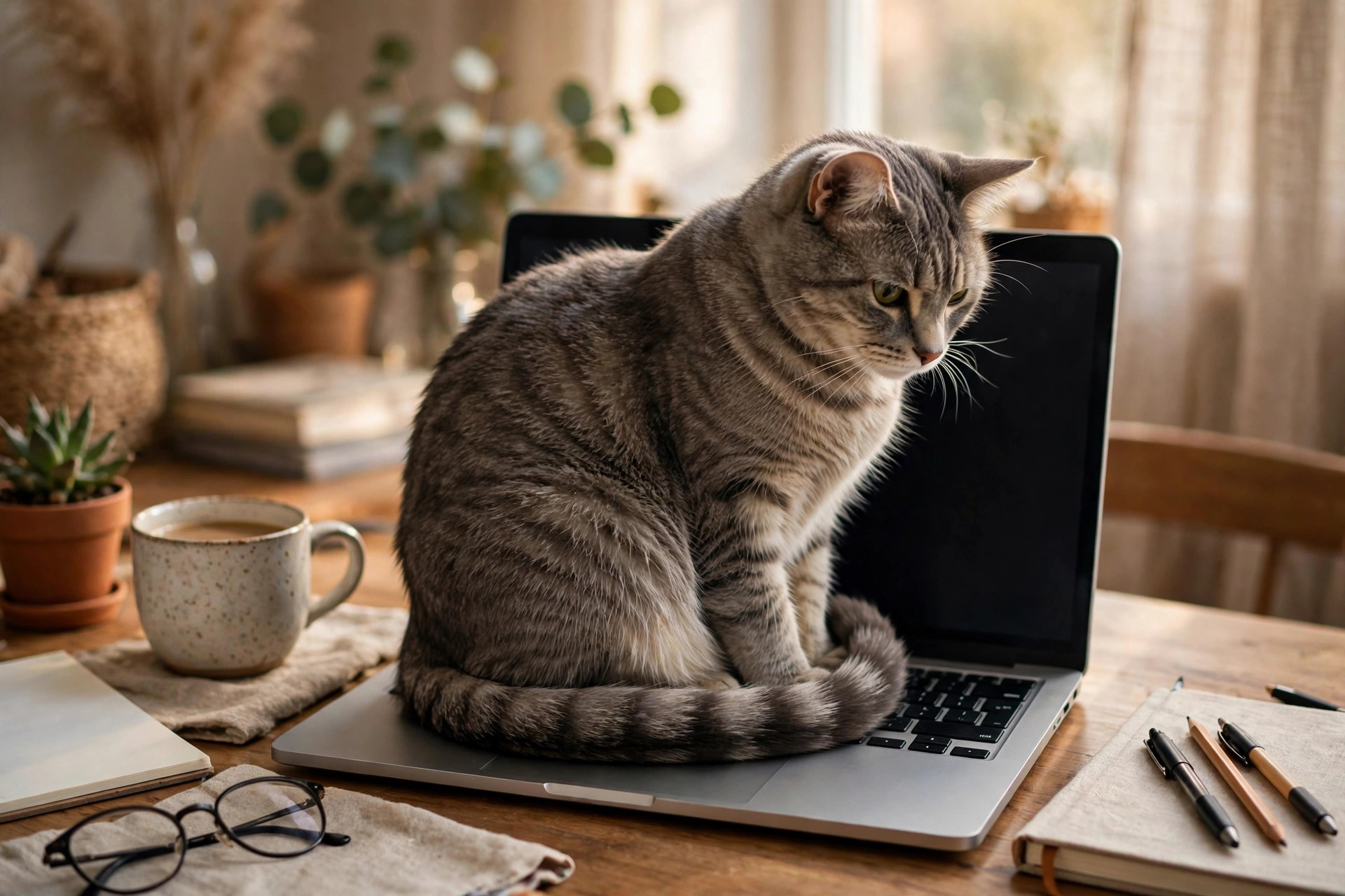 Grey tabby cat sitting on a laptop keyboard demanding its owner's attention