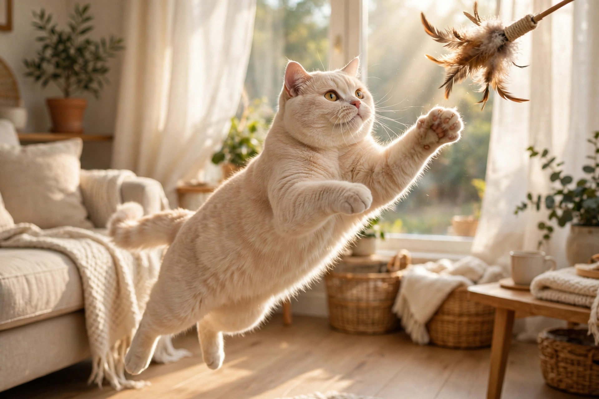 Slightly chubby cream-colored cat leaping to swat a feather wand toy during play exercise for weight loss