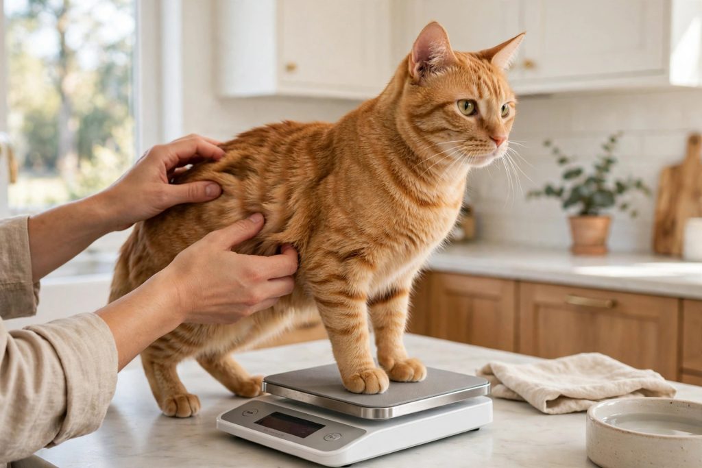 Orange tabby cat standing on a kitchen scale while owner checks body condition