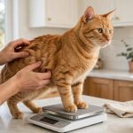 Orange tabby cat standing on a kitchen scale while owner checks body condition