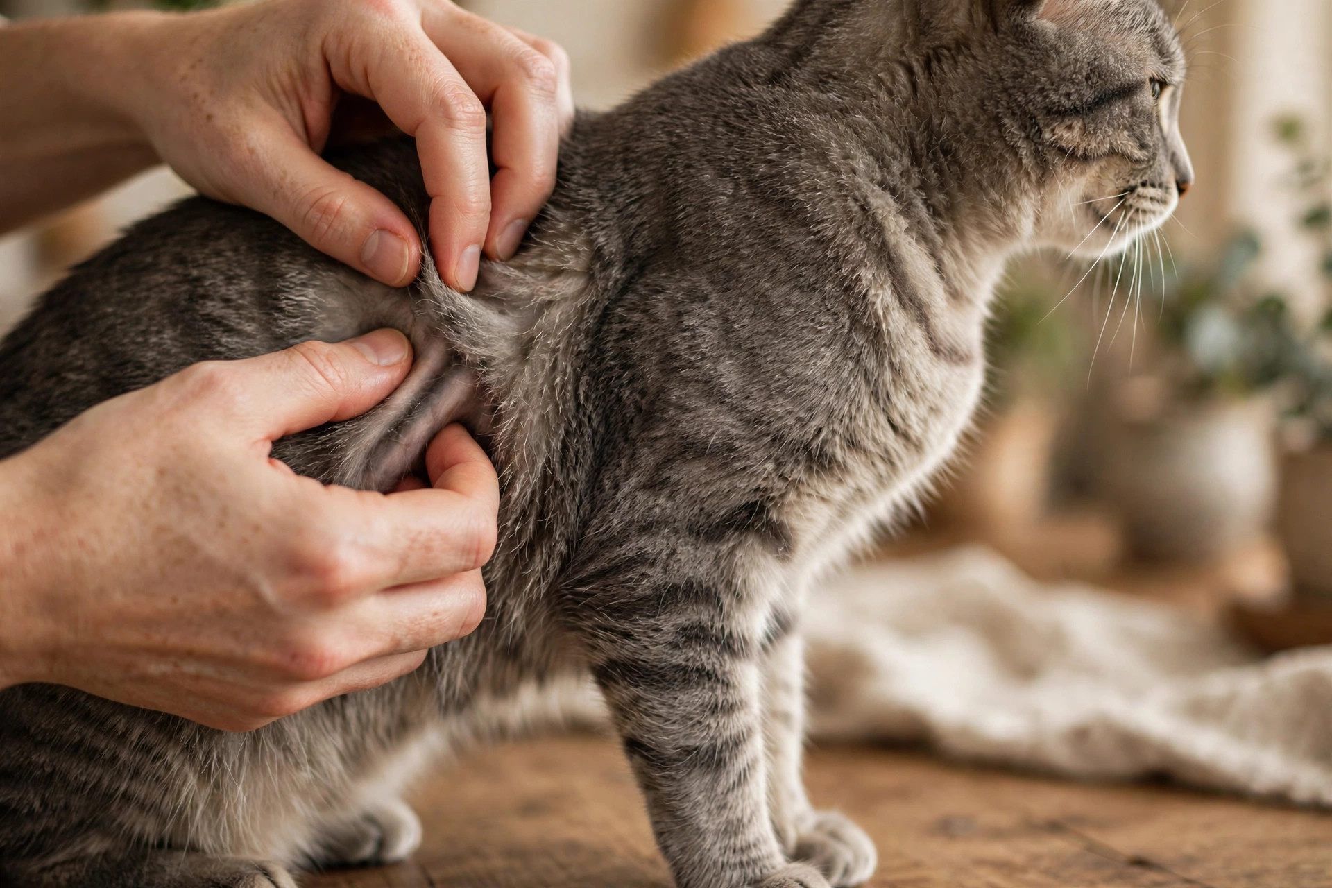 Owner's hands gently feeling a gray tabby cat's ribs to check feline body condition score