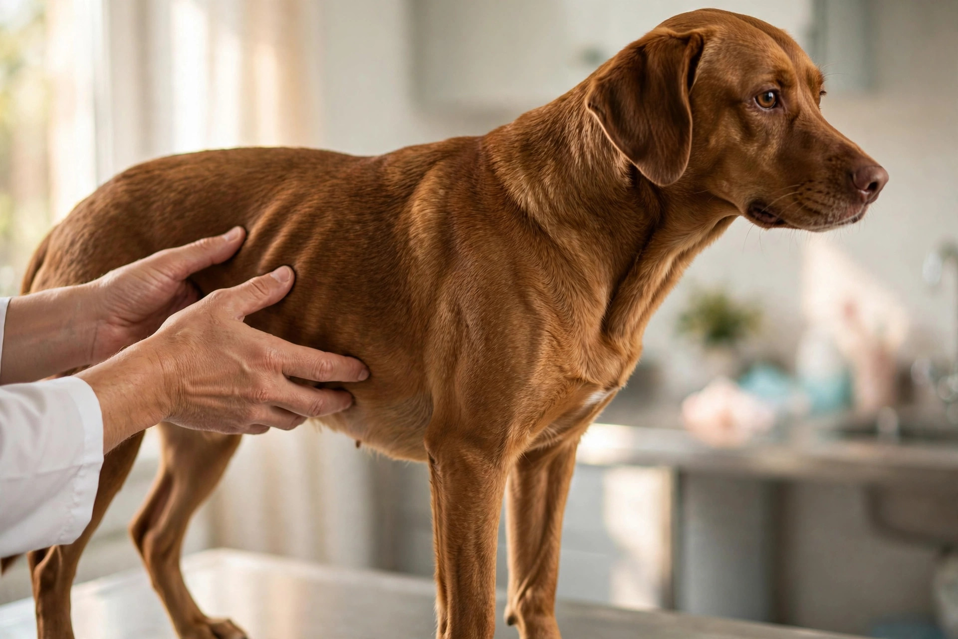 Veterinarian's hands feeling a dog's ribcage to check body condition score