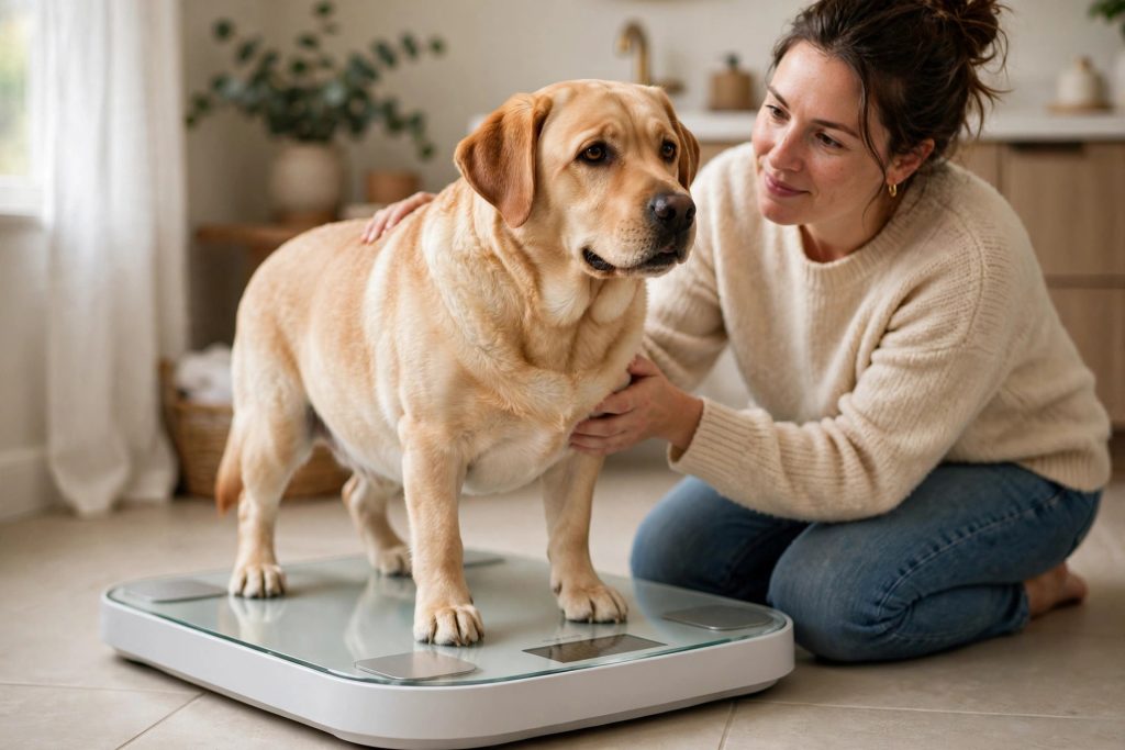 Chubby golden Labrador standing on a scale while its owner checks its weight