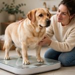 Chubby golden Labrador standing on a scale while its owner checks its weight