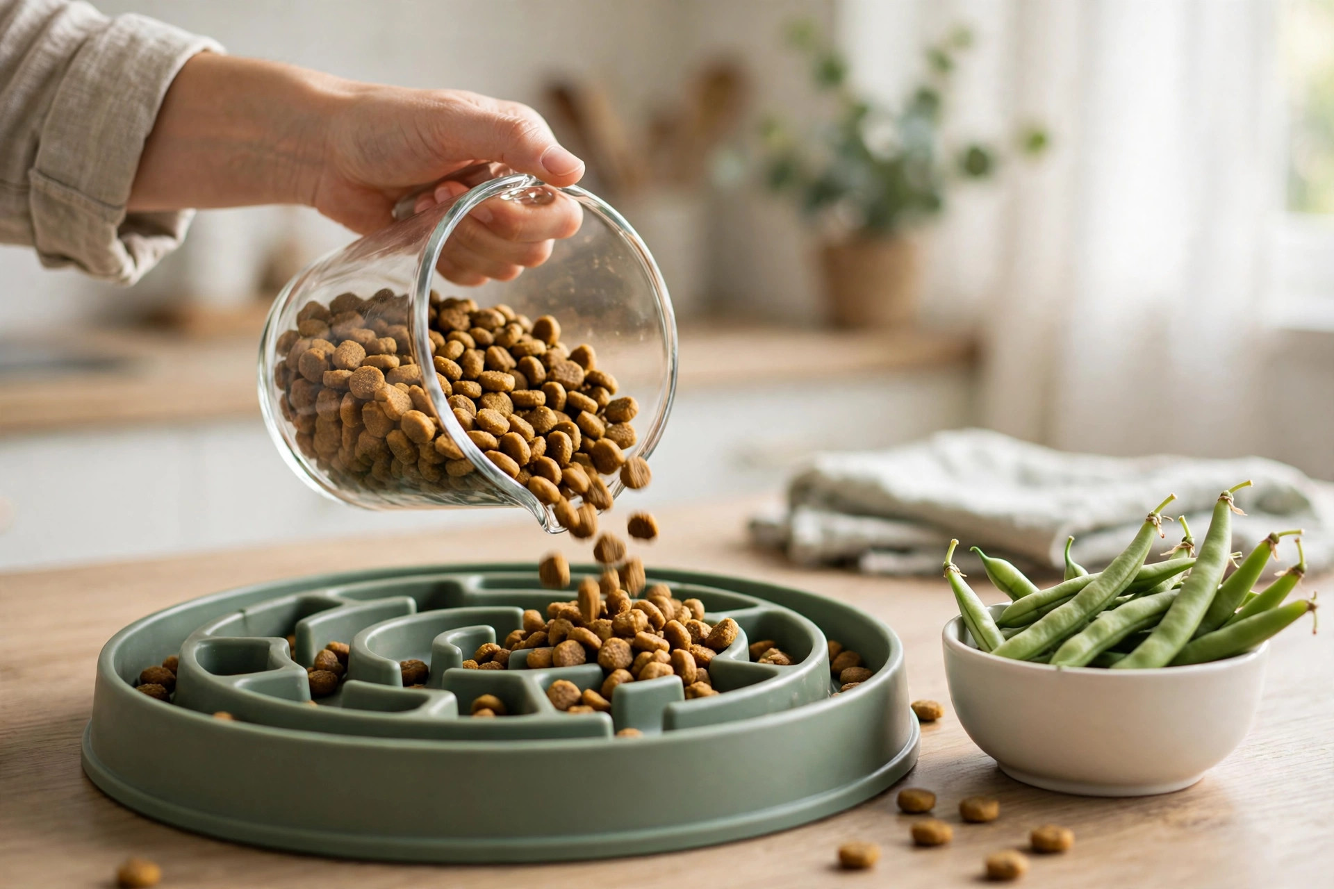 Owner measuring dog kibble with a measuring cup next to a slow feeder bowl and healthy green beans