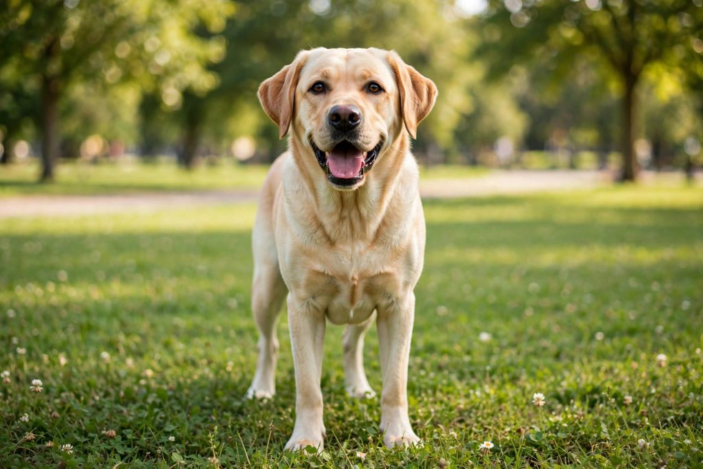Yellow Labrador retriever standing happily in a sunny green field