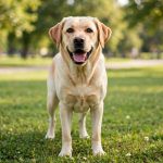 Yellow Labrador retriever standing happily in a sunny green field