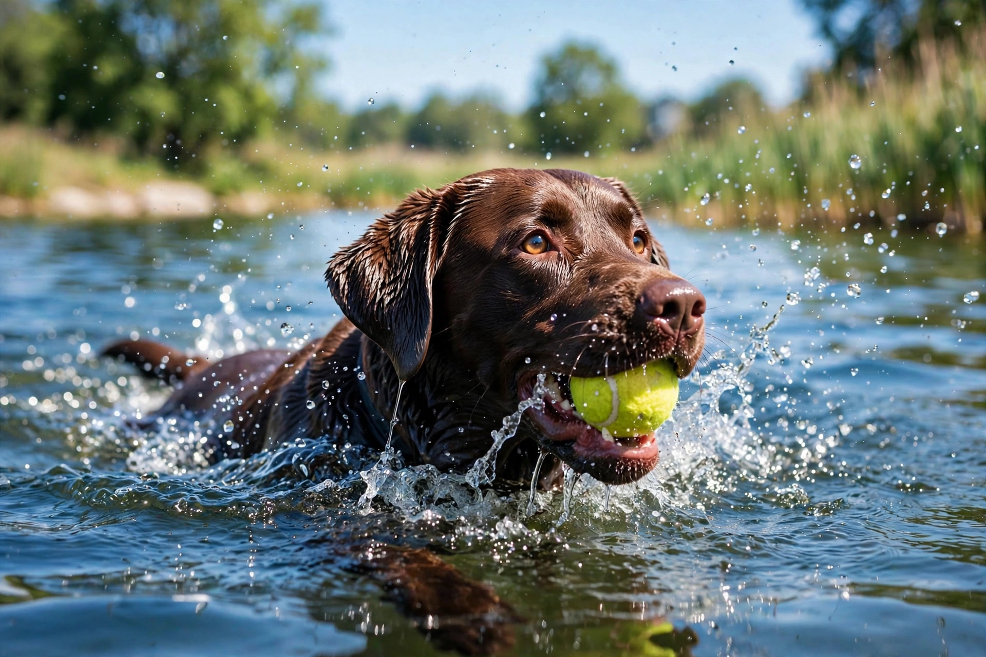 Chocolate Labrador retriever swimming in a lake with a tennis ball in its mouth, showing the breed's love of water and fetch