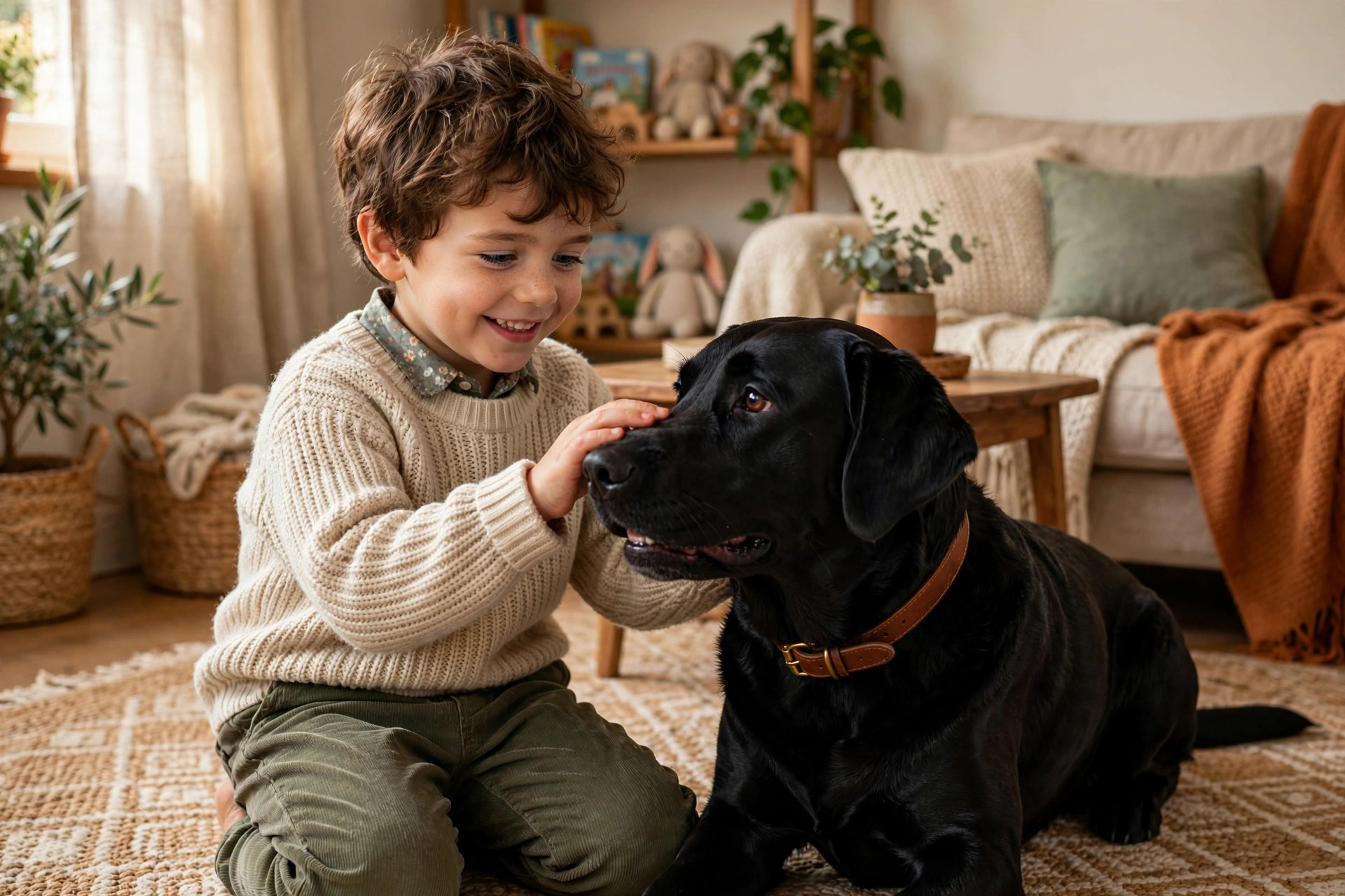 Black Labrador retriever lying calmly beside a smiling child on a living room rug, showing the breed's gentle family temperament