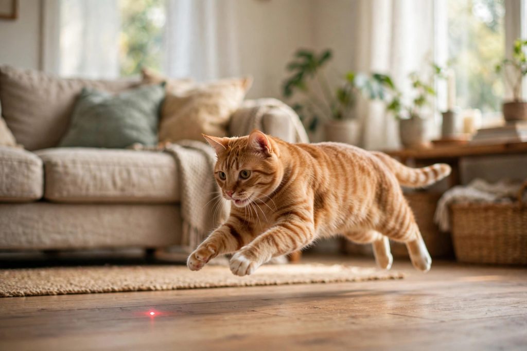 Orange tabby cat chasing a red laser dot across a living room floor