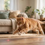 Orange tabby cat chasing a red laser dot across a living room floor