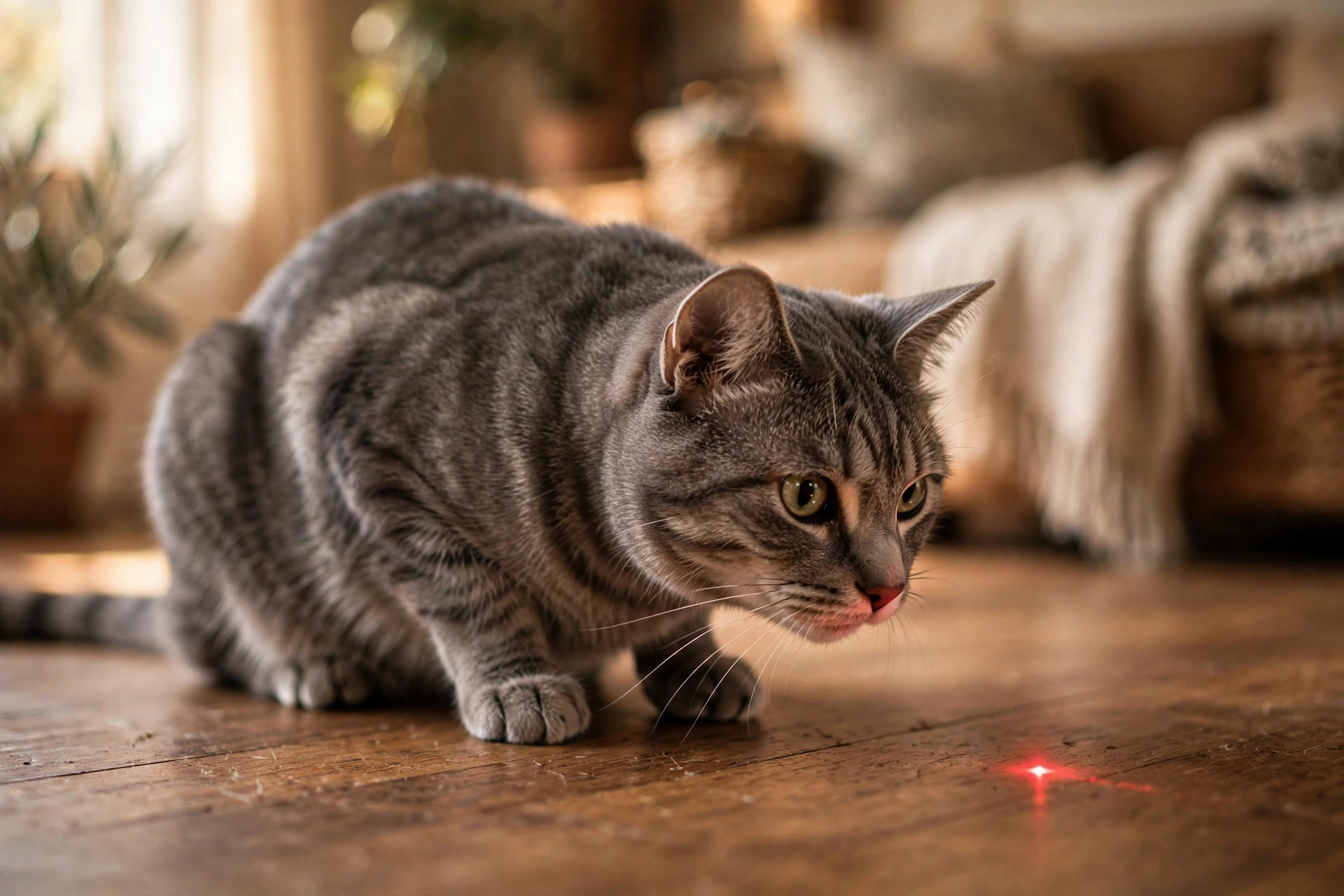 Grey tabby cat stalking a red laser dot on a wooden floor with intense focus