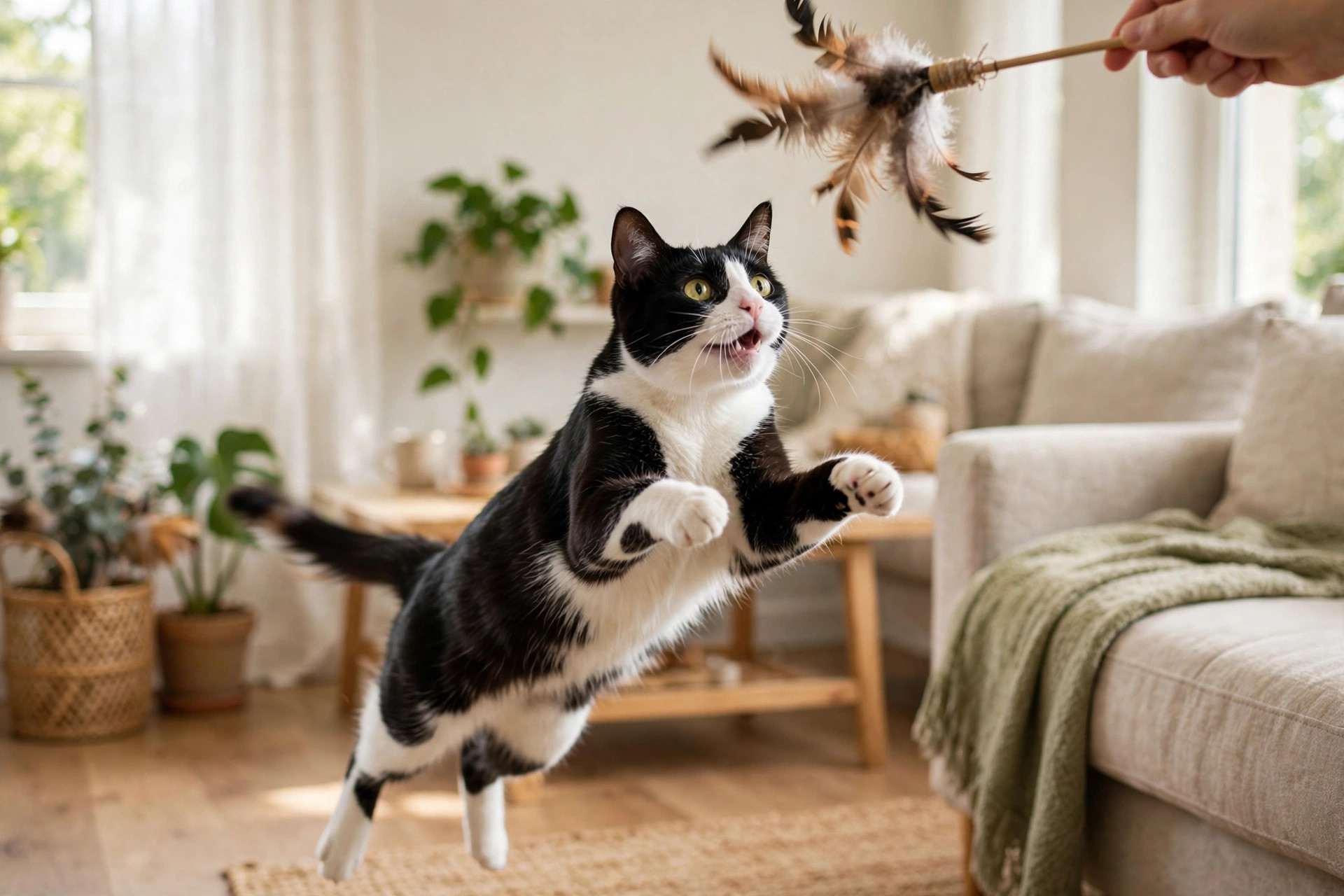 Black and white cat leaping to catch a feather wand toy in a bright living room