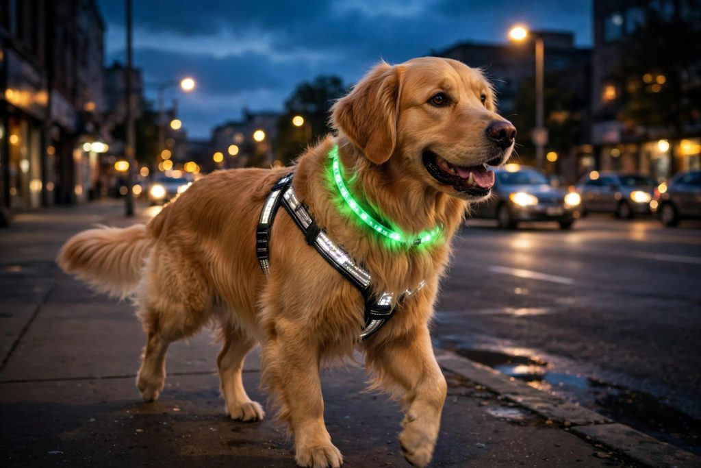 Golden retriever wearing a glowing LED collar and reflective harness on a dark evening street