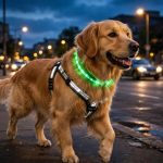 Golden retriever wearing a glowing LED collar and reflective harness on a dark evening street