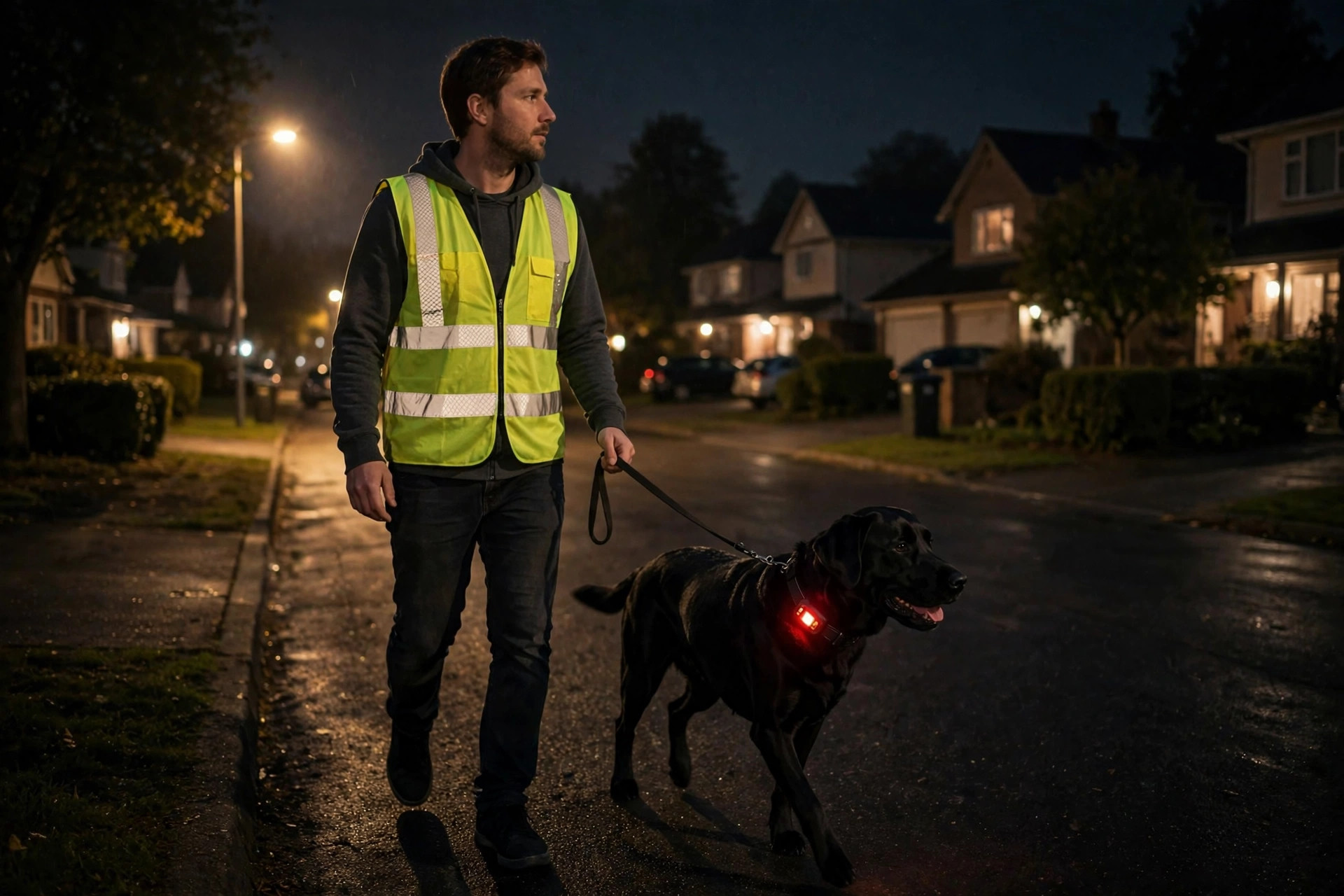 Owner in a reflective safety vest walking a black Labrador with a red LED clip-on light on a dark street at night