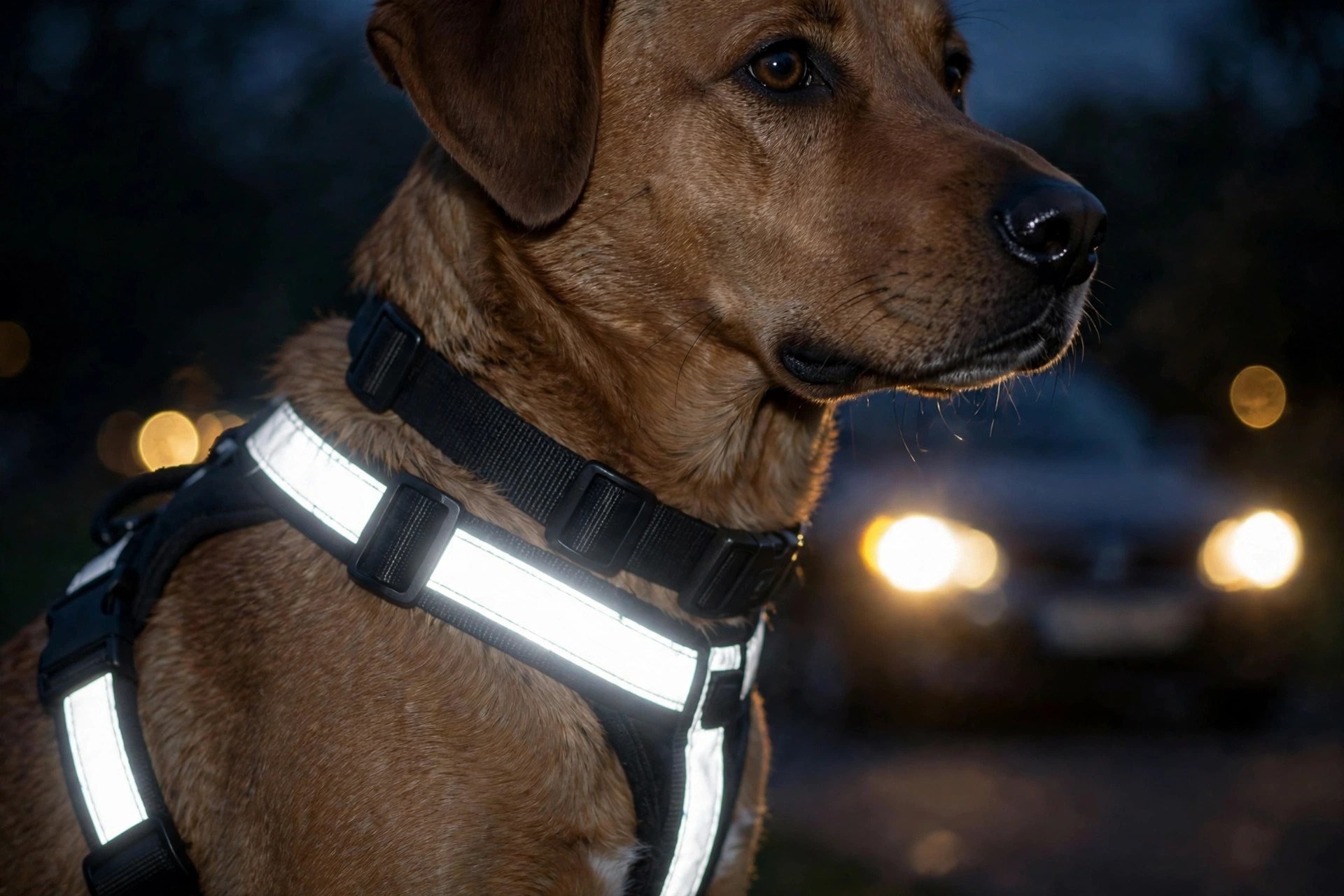 Brown dog wearing a reflective harness glowing brightly in car headlights at dusk