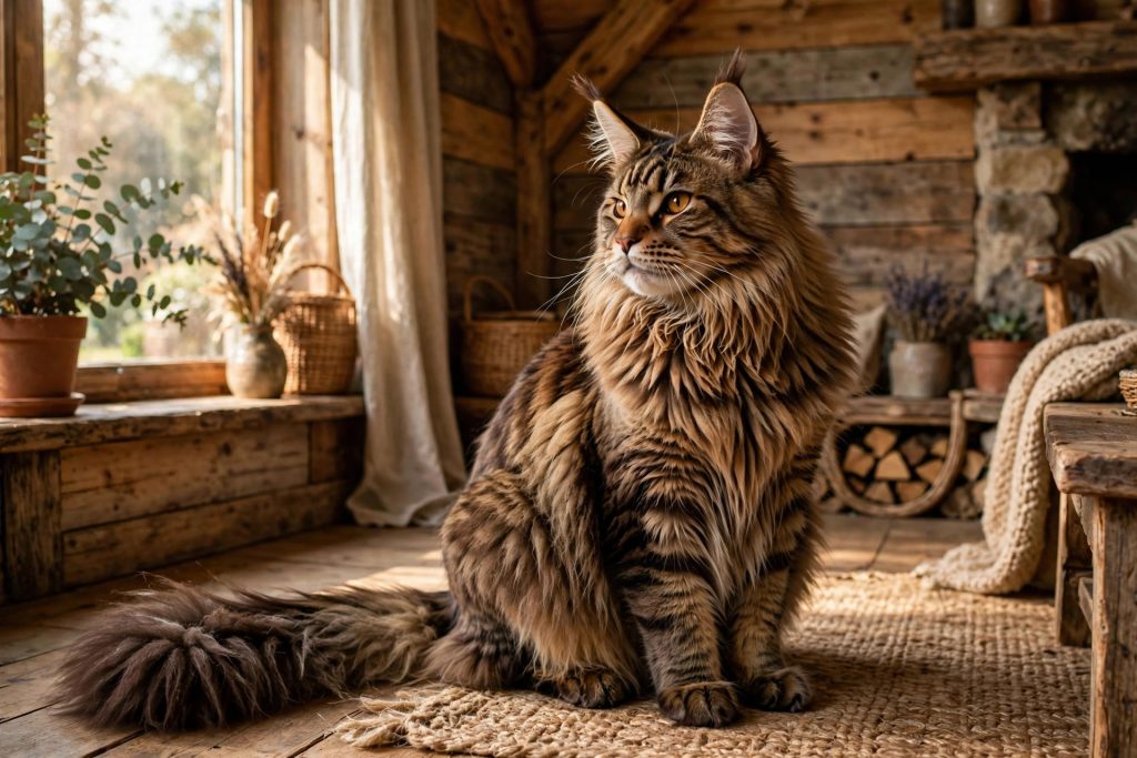 Majestic brown tabby Maine Coon cat with a shaggy water-resistant coat and large tufted ears