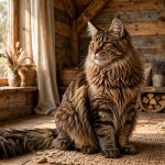 Majestic brown tabby Maine Coon cat with a shaggy water-resistant coat and large tufted ears