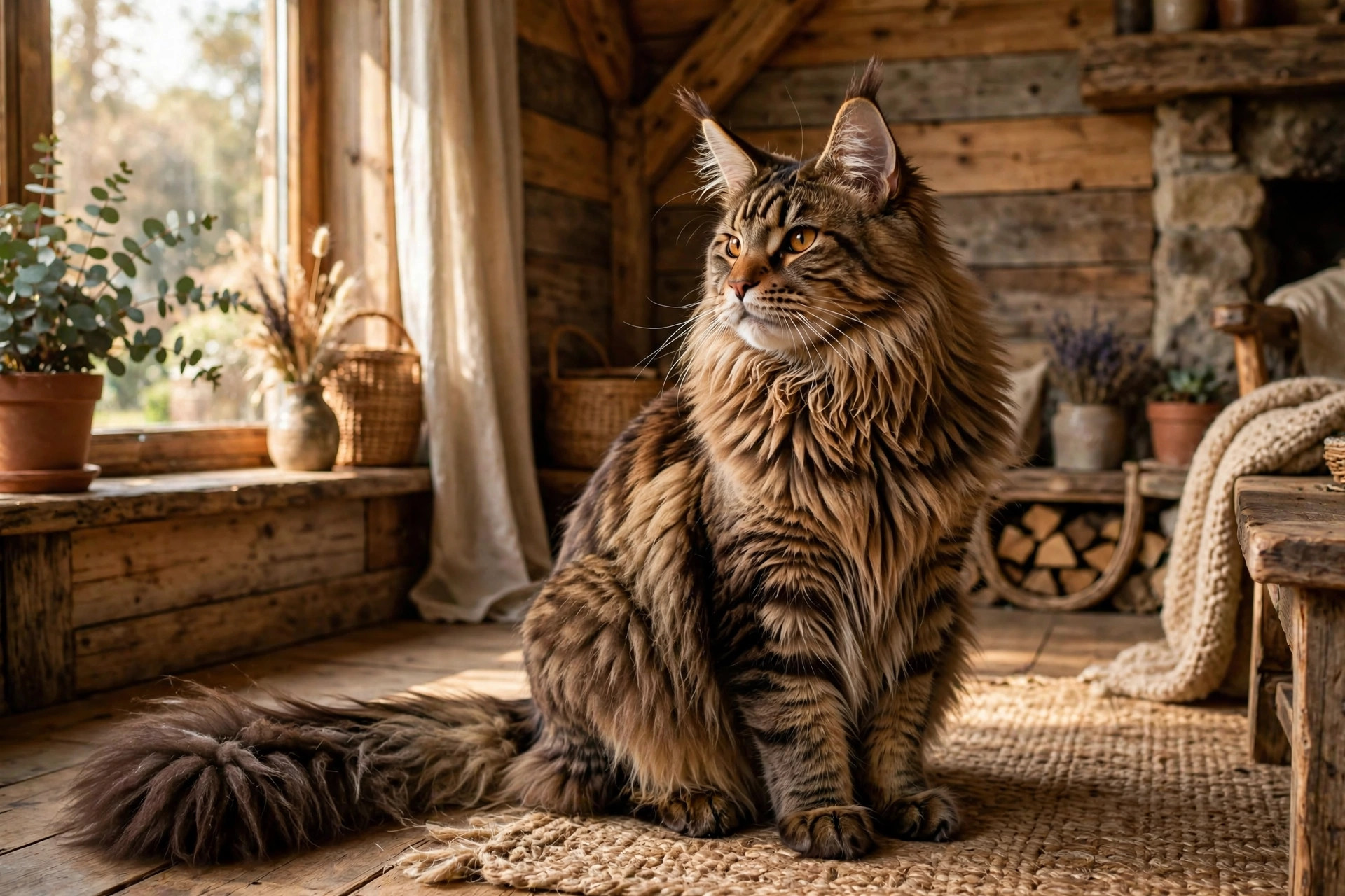 Majestic brown tabby Maine Coon cat with a shaggy water-resistant coat and large tufted ears