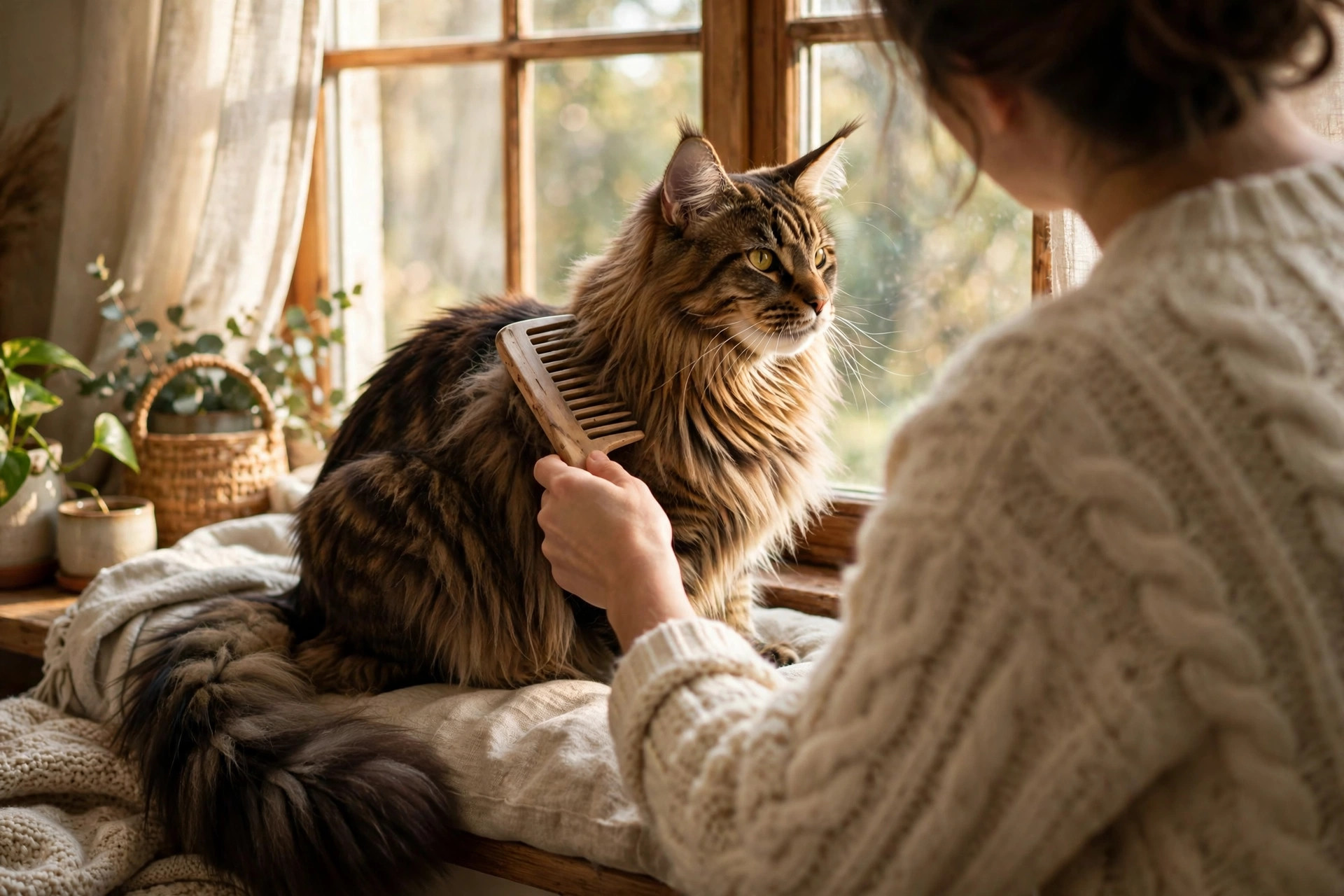 Owner gently brushing a Maine Coon cat's long silky coat with a wide-toothed comb