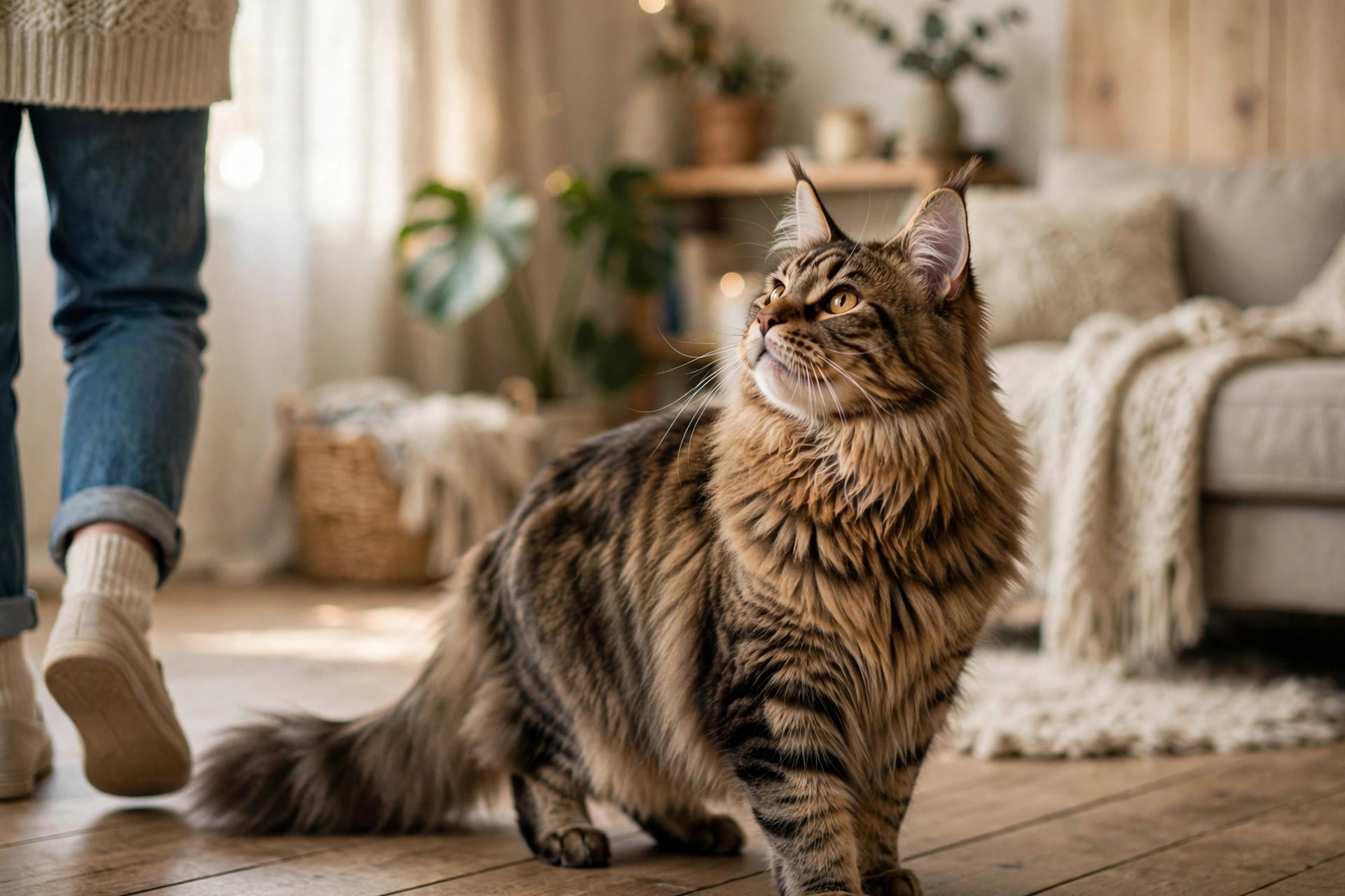 Friendly Maine Coon cat with long bushy tail following its owner like a dog