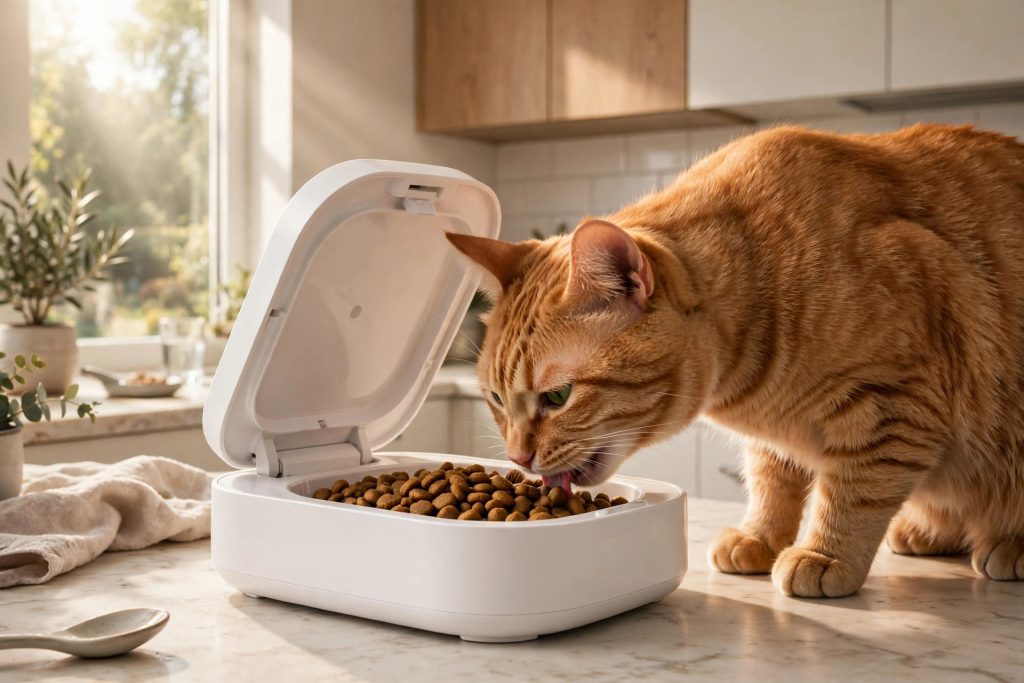 Orange tabby cat eating from a modern white microchip cat feeder with the lid open in a bright kitchen