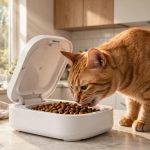 Orange tabby cat eating from a modern white microchip cat feeder with the lid open in a bright kitchen