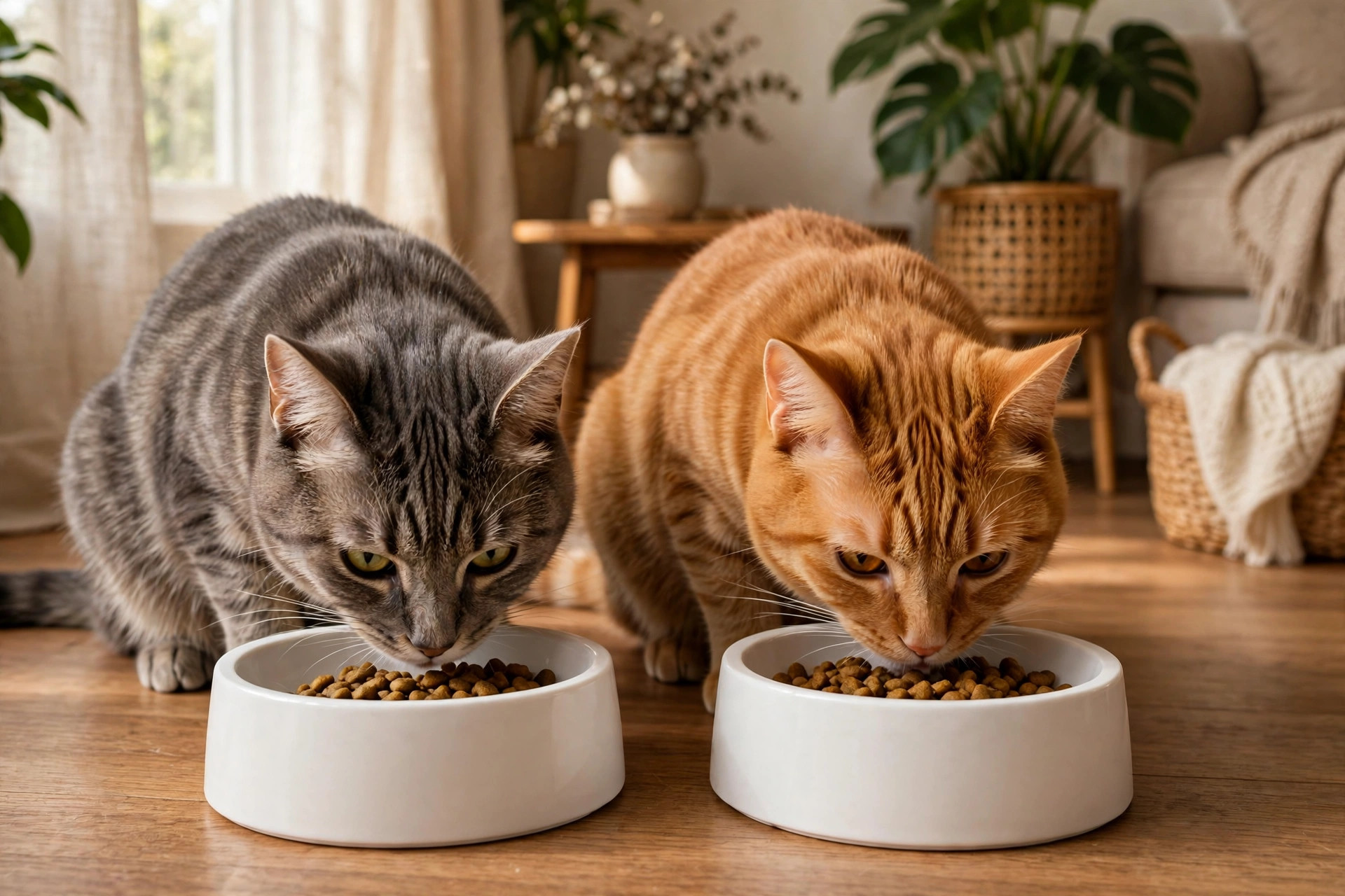 Gray tabby and ginger cat each eating from their own separate selective feeder bowls in a living room