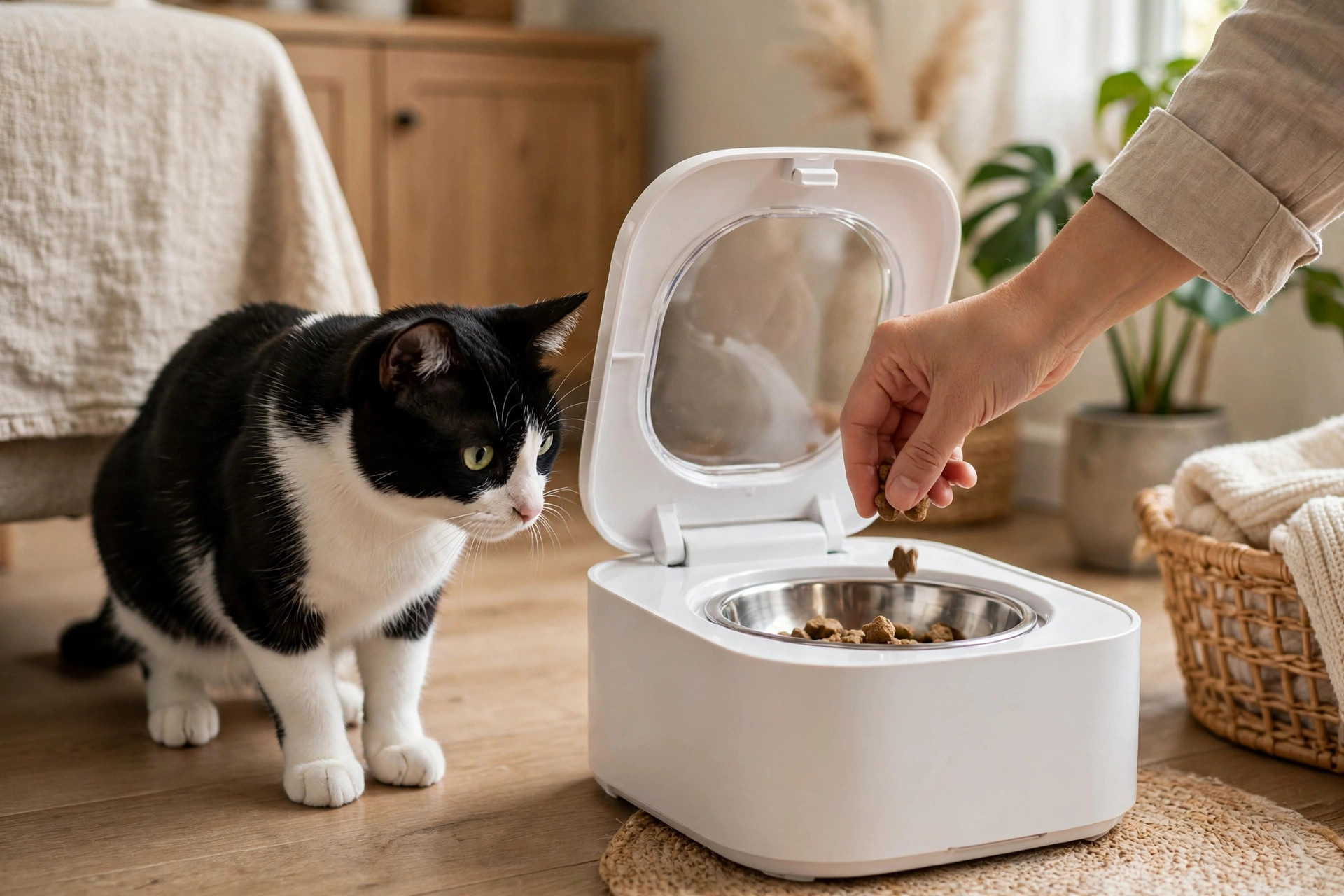 Shy tuxedo cat cautiously approaching an open microchip cat feeder while an owner places treats in the bowl