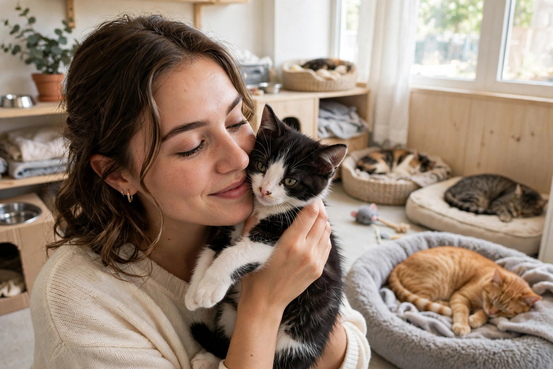 Young woman gently holding a rescued tuxedo kitten at an animal shelter on National Cat Day