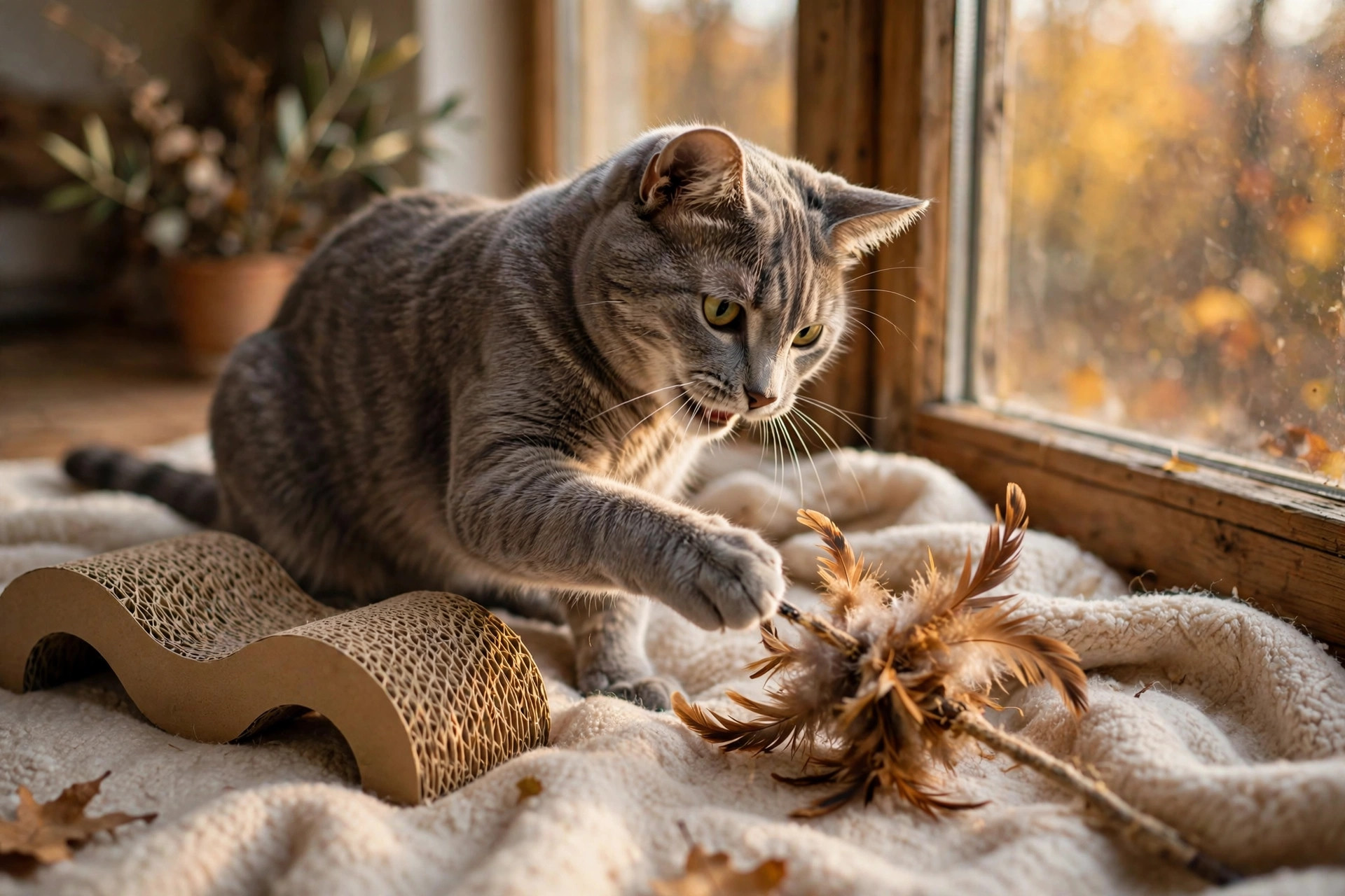 Gray shorthair cat playing with new toys and a scratcher in warm window light on National Cat Day
