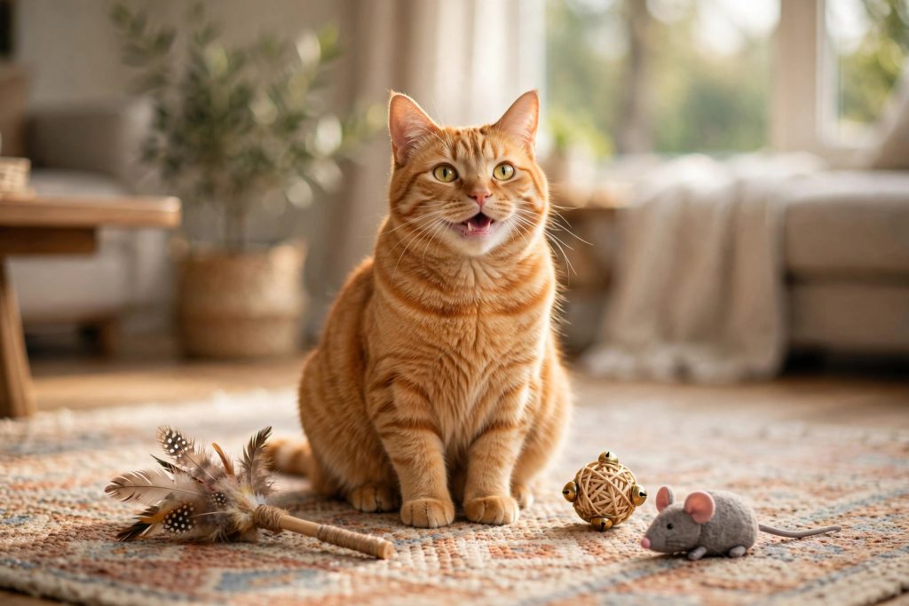 Happy orange tabby cat surrounded by new toys on National Cat Day 2026