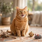 Happy orange tabby cat surrounded by new toys on National Cat Day 2026