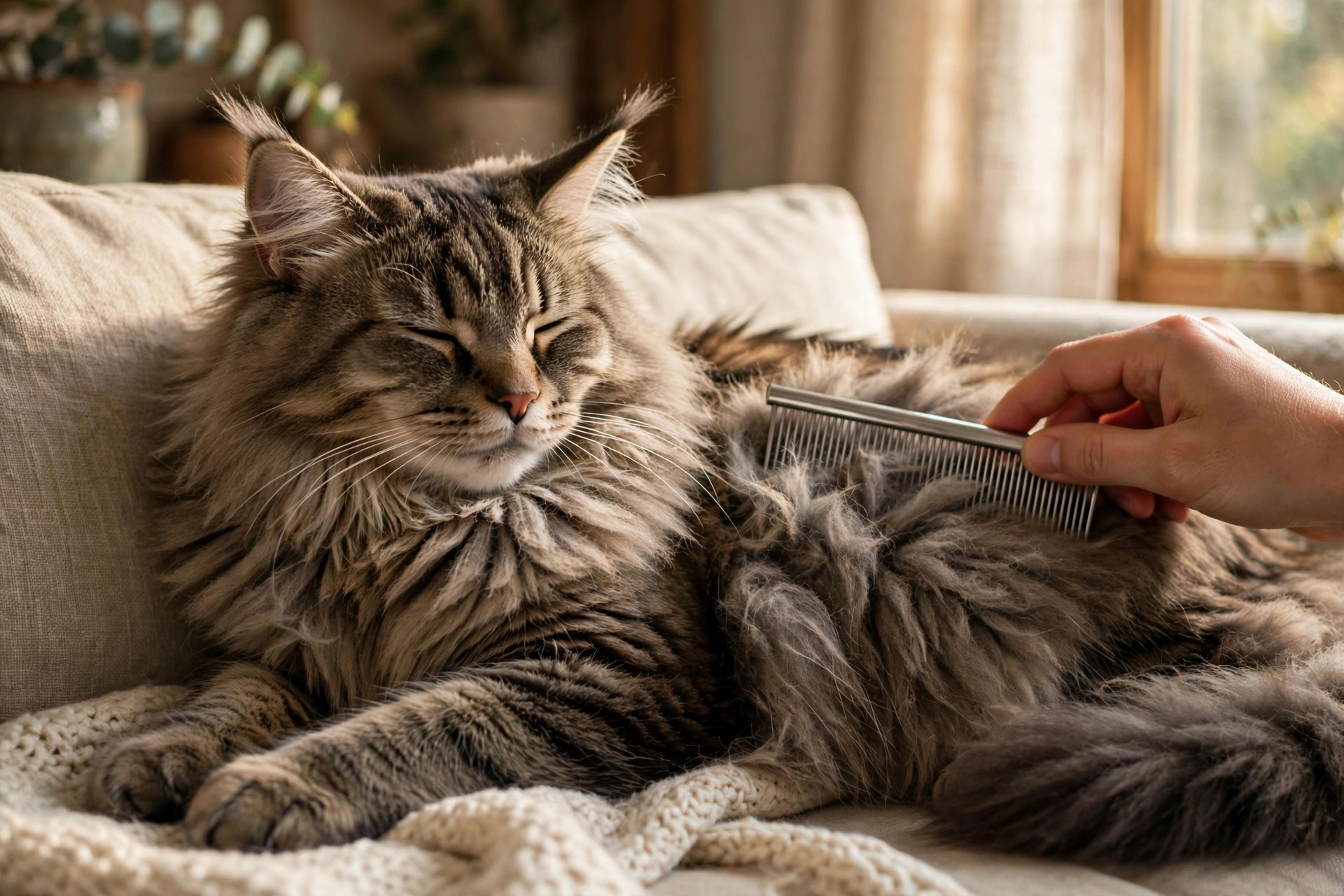 Hand gently brushing a Norwegian Forest Cat's long double coat with a steel comb on a sofa