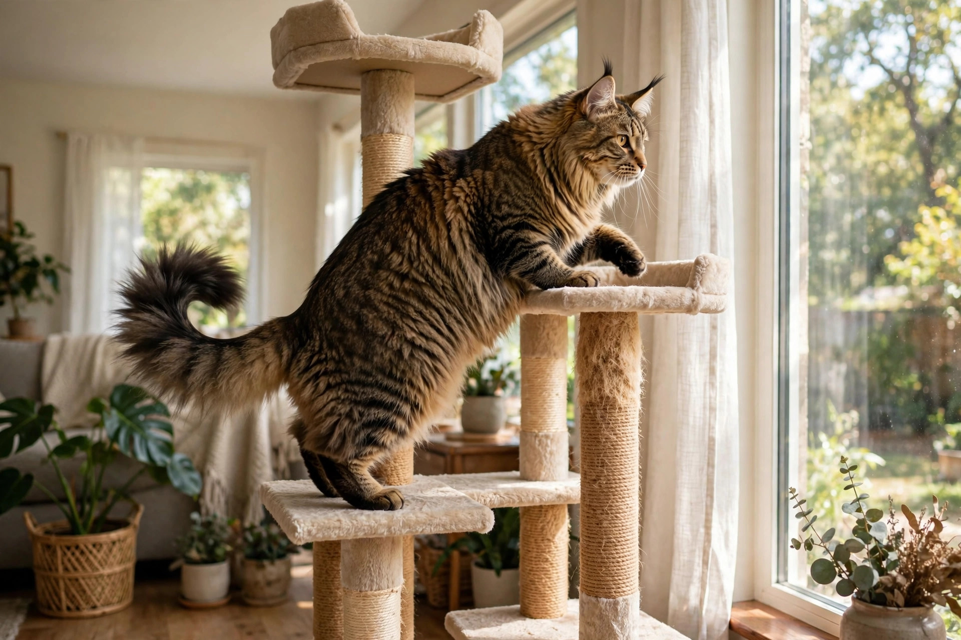 Norwegian Forest Cat climbing a tall sturdy cat tree in a bright sunlit living room
