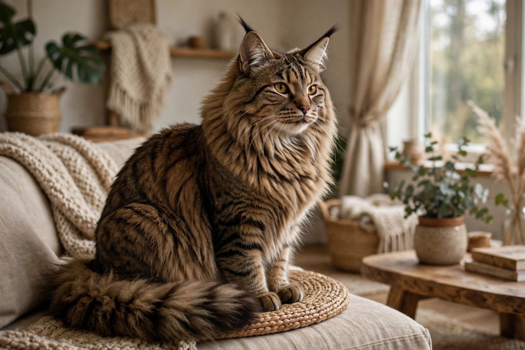 Norwegian Forest Cat with a thick tabby double coat and tufted ears sitting in a sunlit living room