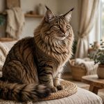 Norwegian Forest Cat with a thick tabby double coat and tufted ears sitting in a sunlit living room