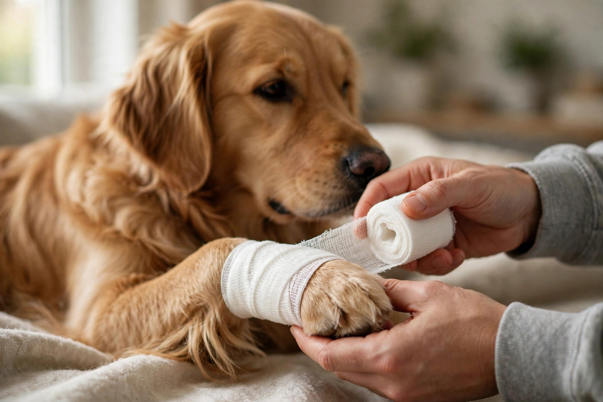 Owner's hands gently wrapping a white gauze bandage around a golden retriever's bleeding paw during pet first aid