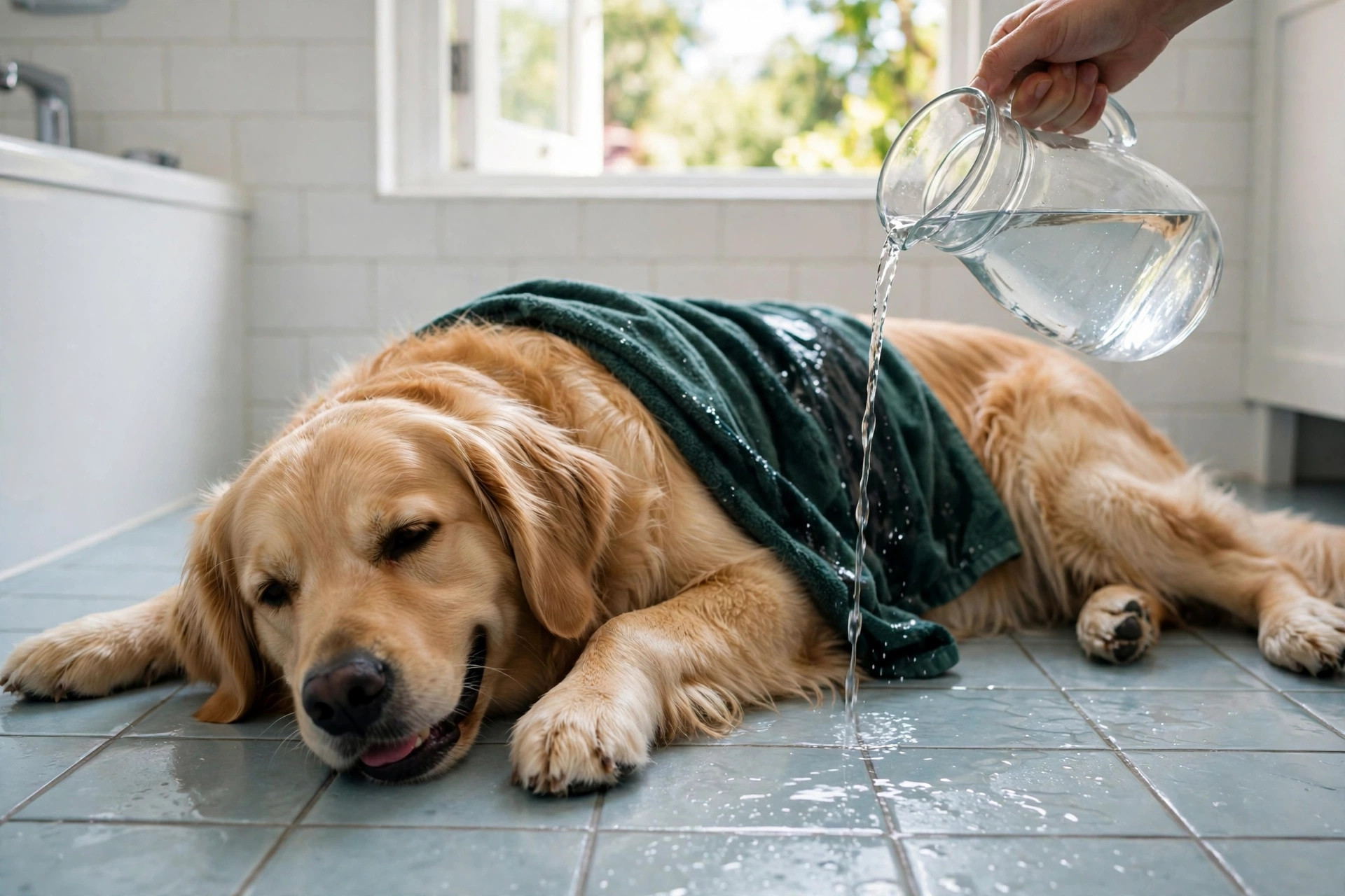 Dog owner pouring cool water over a golden retriever to cool it down during heatstroke pet first aid