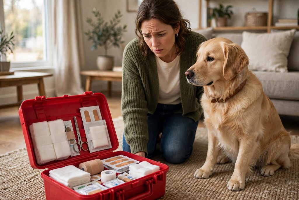 Pet owner with golden retriever and open red pet first aid kit
