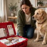 Pet owner with golden retriever and open red pet first aid kit