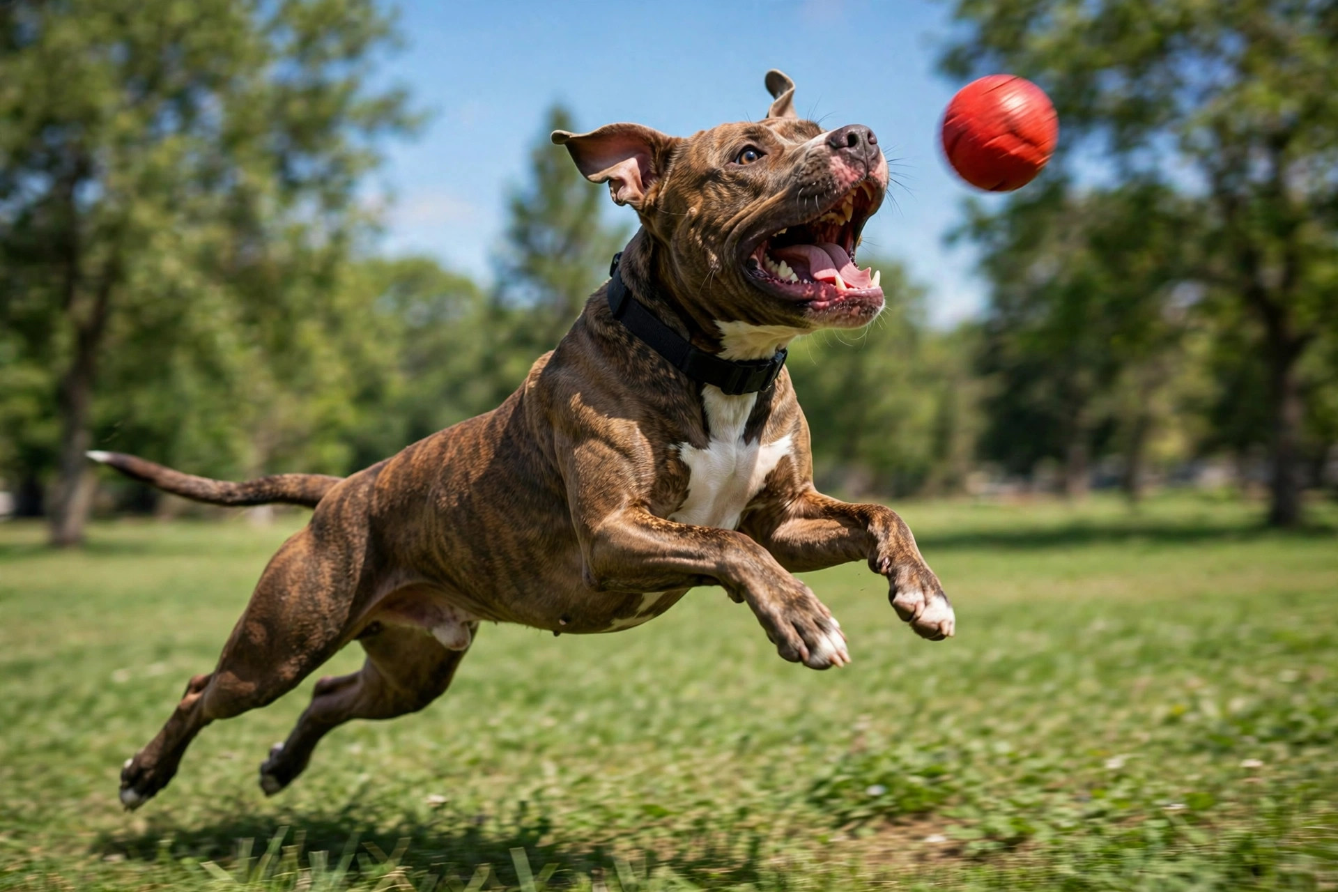 Athletic American Pit Bull Terrier catching a ball mid-air while playing fetch in a park