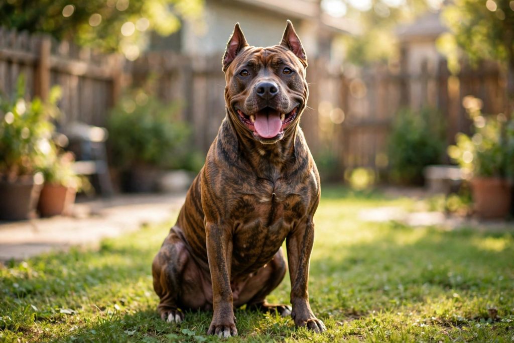 American Pit Bull Terrier with brindle coat sitting happily in a sunny backyard