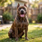 American Pit Bull Terrier with brindle coat sitting happily in a sunny backyard