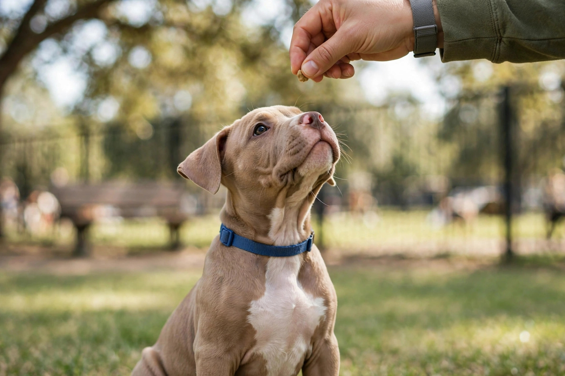 American Pit Bull Terrier puppy training with treats during a positive-reinforcement obedience session
