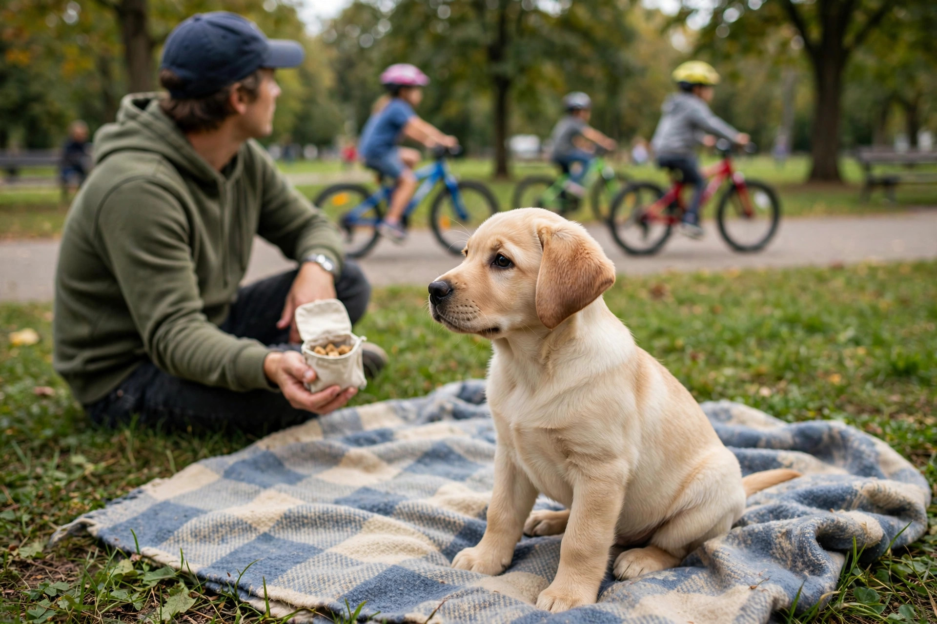 Labrador puppy calmly watching children and bicycles from a blanket during a socialization outing