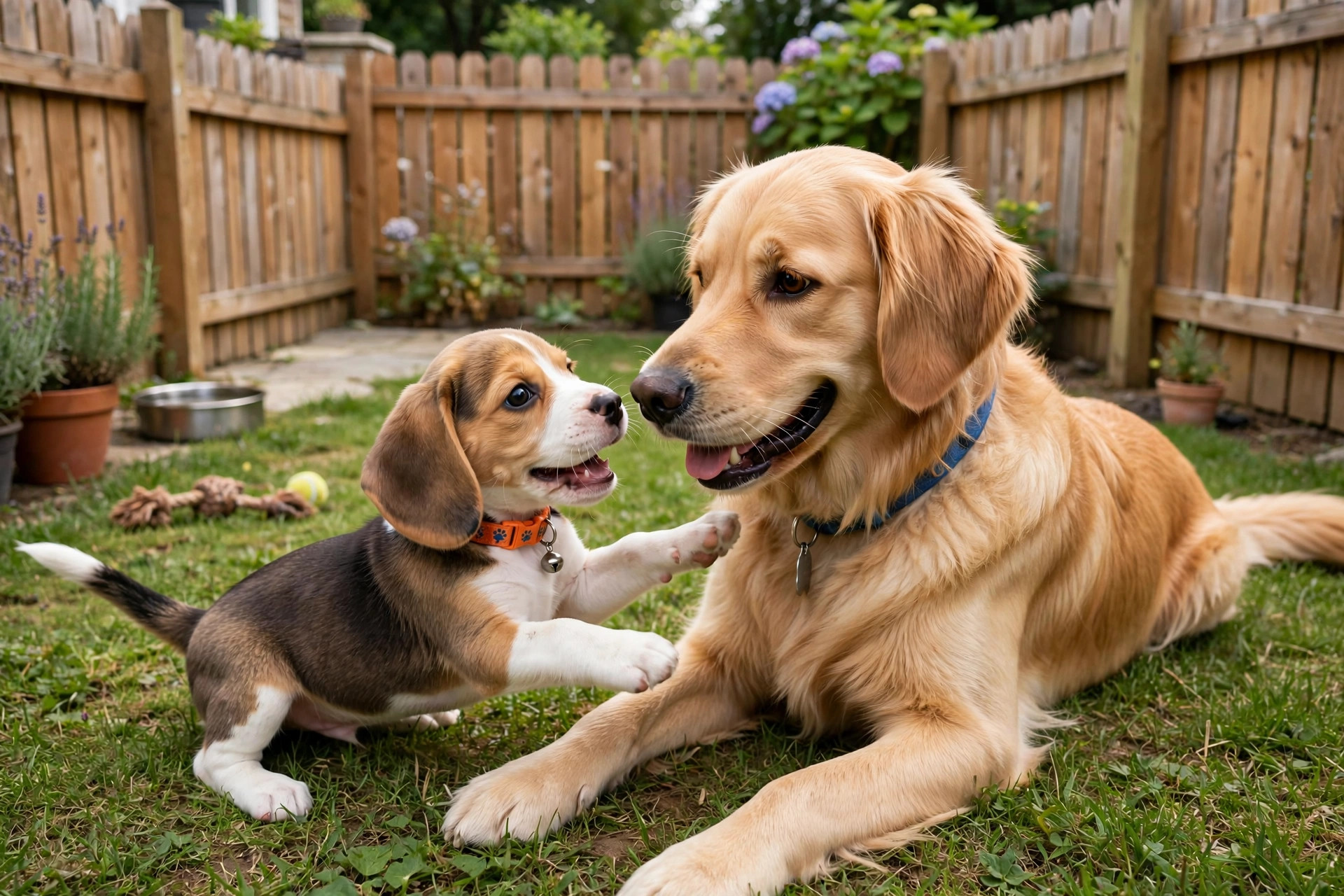 Beagle puppy playing with a friendly adult dog during a supervised socialization playdate